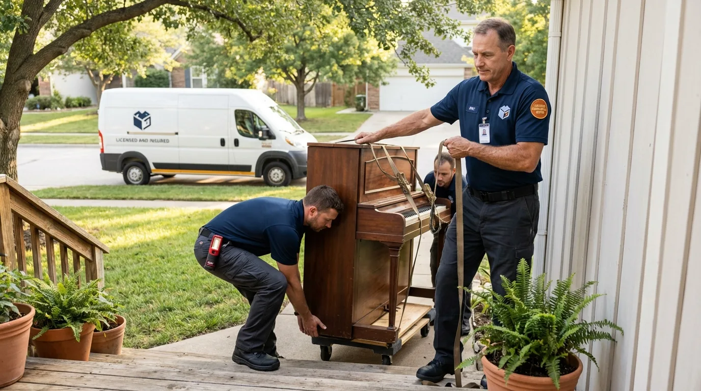 Licensed piano movers securing grand piano in Canton, SD
