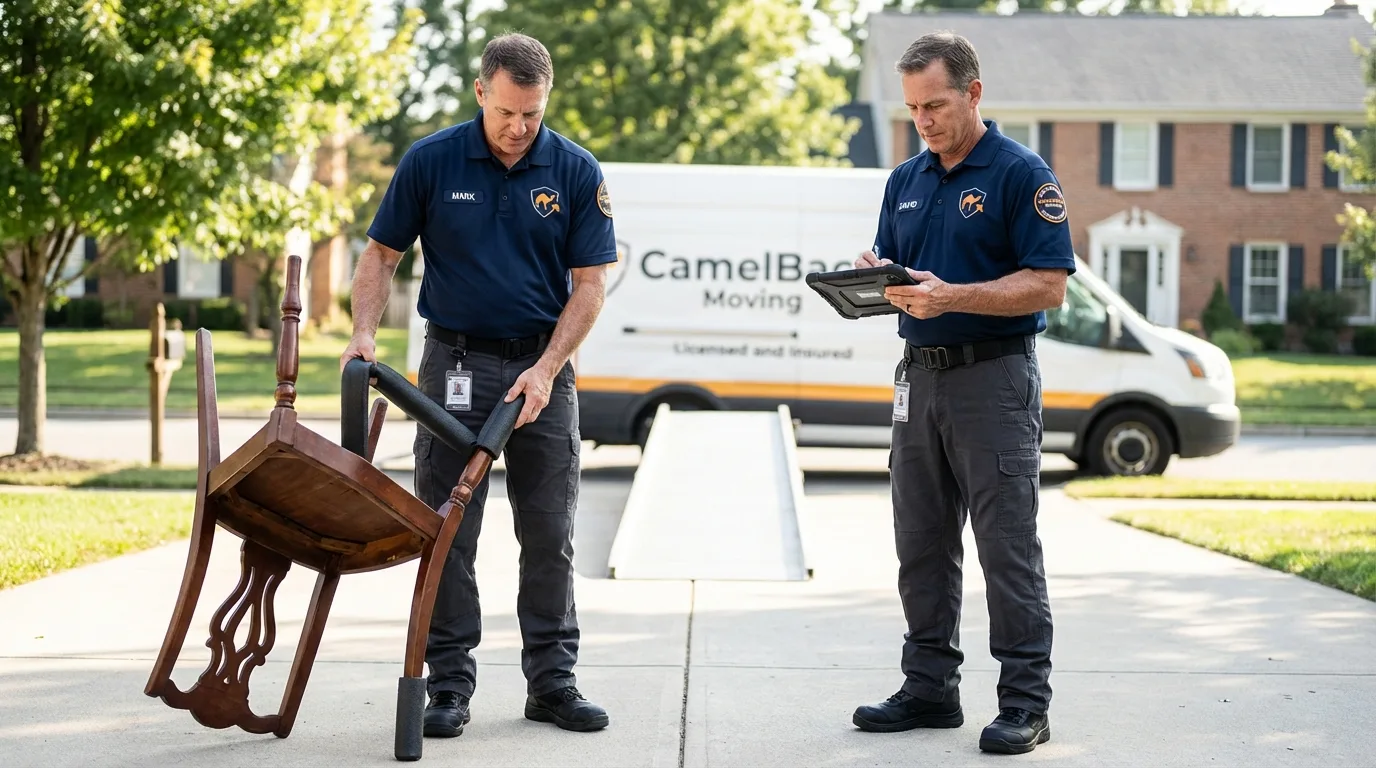 Movers inspecting furniture for damage prevention before loading in Canton, SD