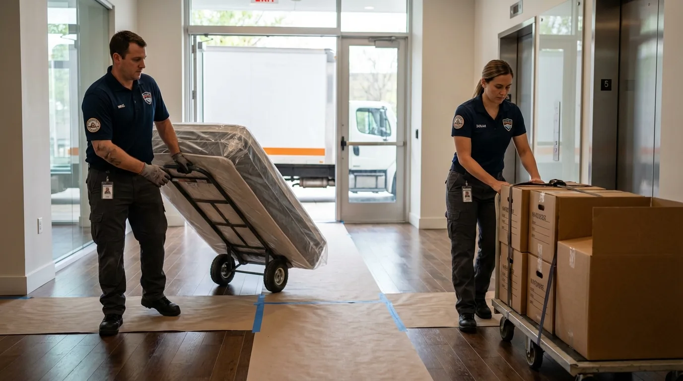 Professional apartment movers loading elevator in Canton, SD